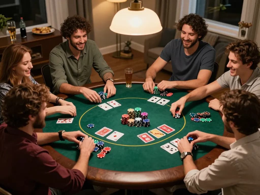 Friends enjoying a lively poker night at home with bl555, showcasing strategic gameplay and social fun.