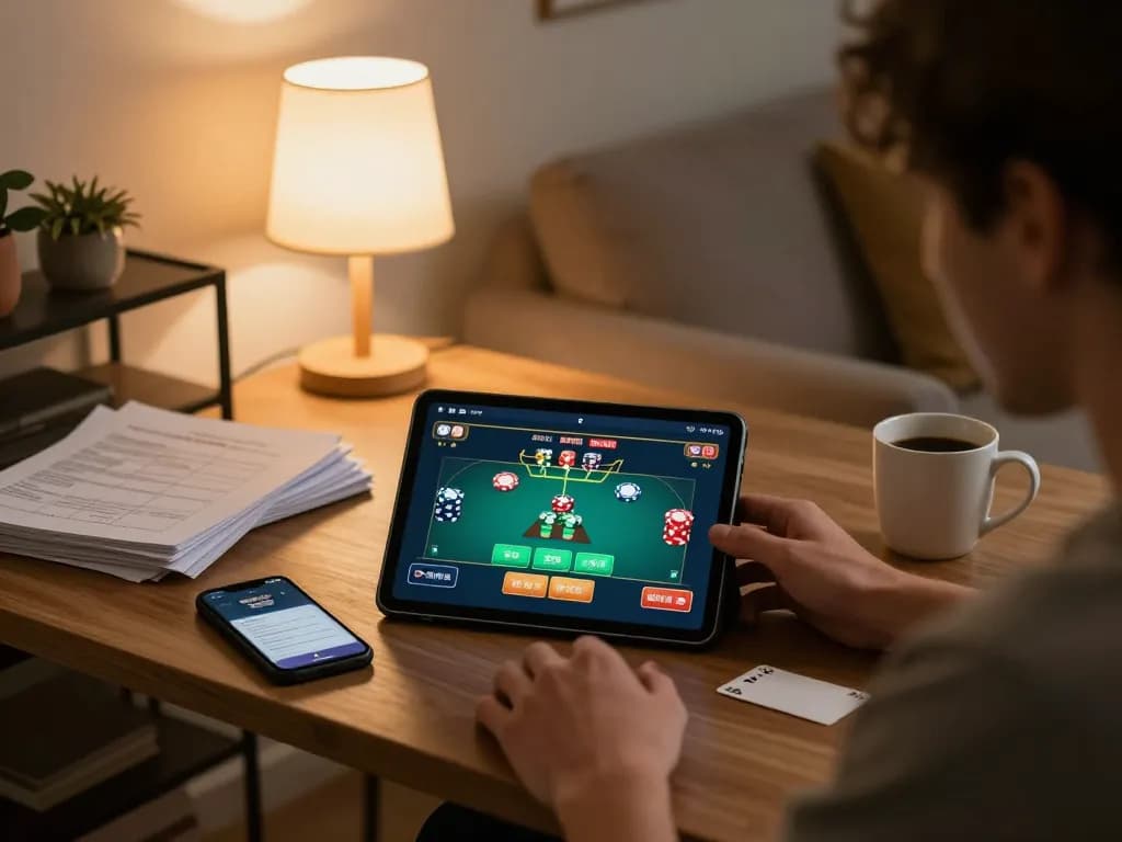 Engage in online gaming at GG88 with a cozy home setup featuring a tablet displaying poker gameplay.