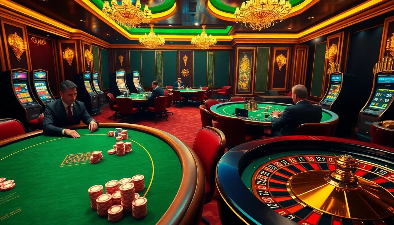Engaging scene at Nhà Cái GO88 with poker players, vibrant chips, and spinning roulette.