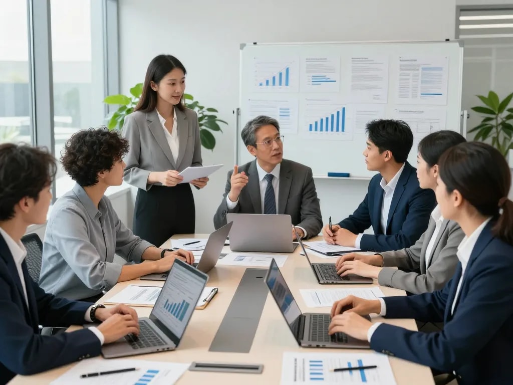 Accountants collaborating on financial strategies over here in a modern office setting.