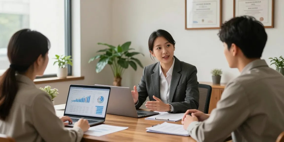 Financial advisor Reston VA consulting clients in a modern office with personalized planning materials