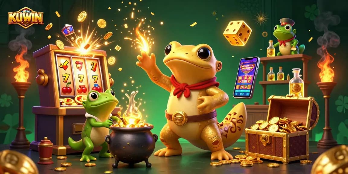 KUWIN showcases a vibrant casino adventure scene featuring whimsical characters and dynamic gaming elements.