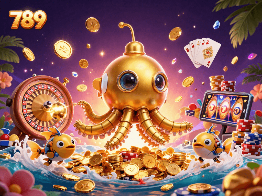 Experience the excitement of 789 gaming with a golden kraken submarine amidst cascading coins and vibrant casino elements.