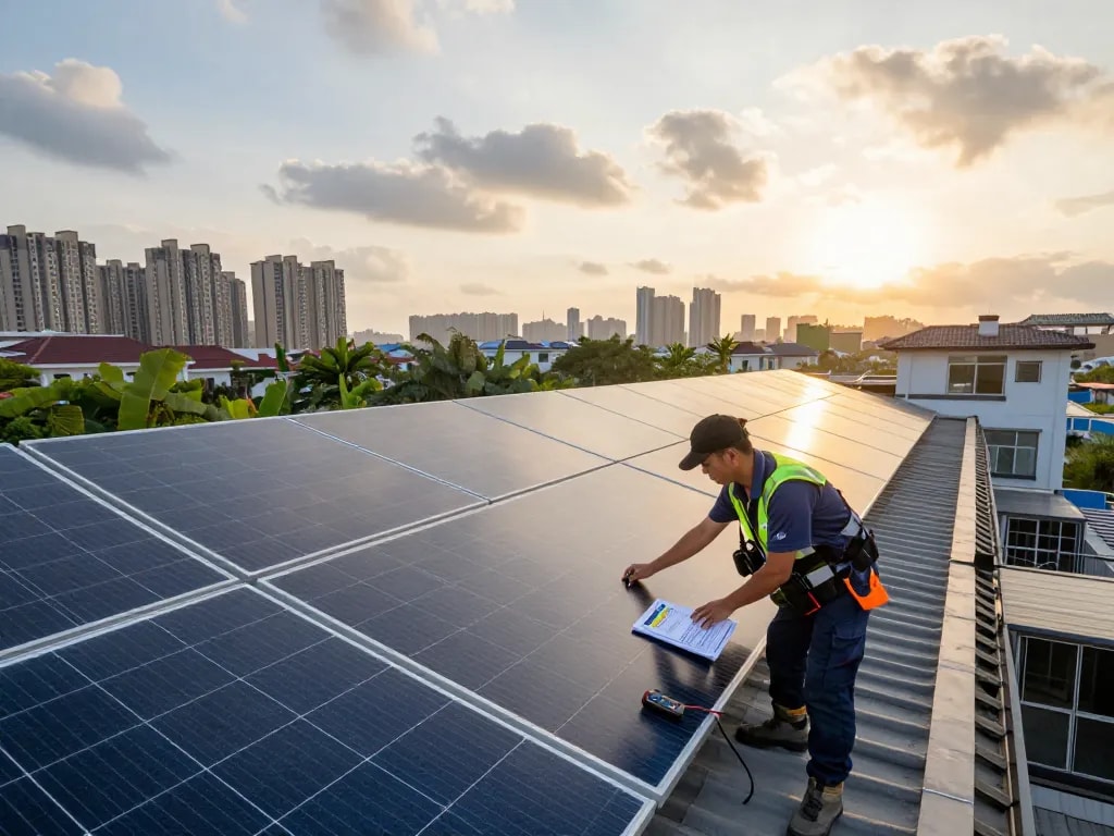Technician inspecting LID- en LeTID-degradatie PV-modules on residential solar panel installation