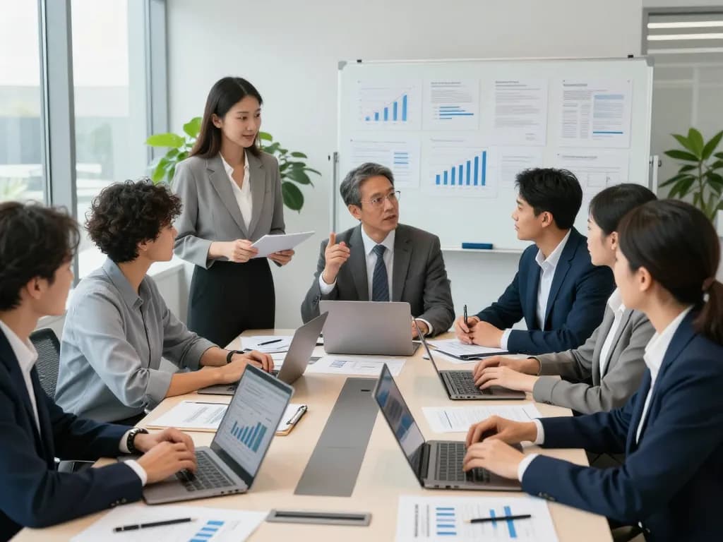Accountants collaborating on financial strategies over here in a modern office setting.