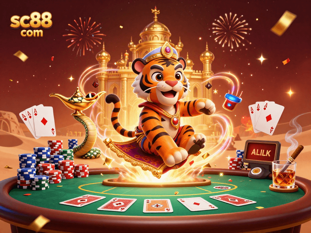 Experience exciting action at sc88 com with an Arabian Nights-themed casino scene showcasing vibrant poker elements.