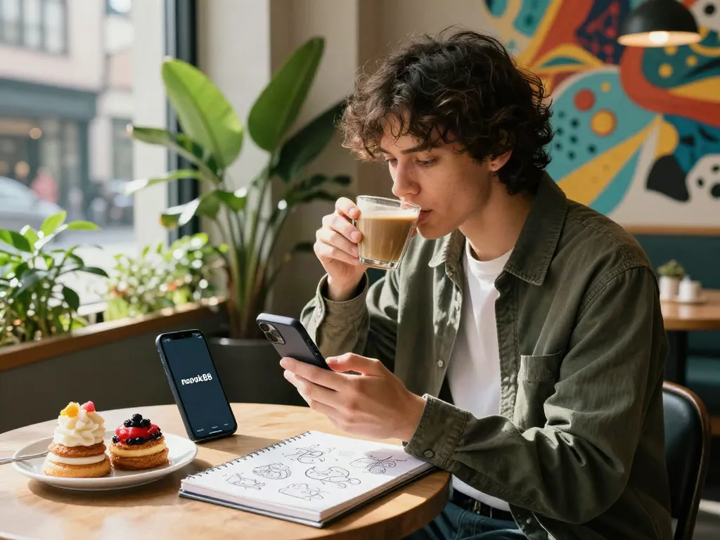 Trendy individual using rokok88 app at a vibrant urban café.