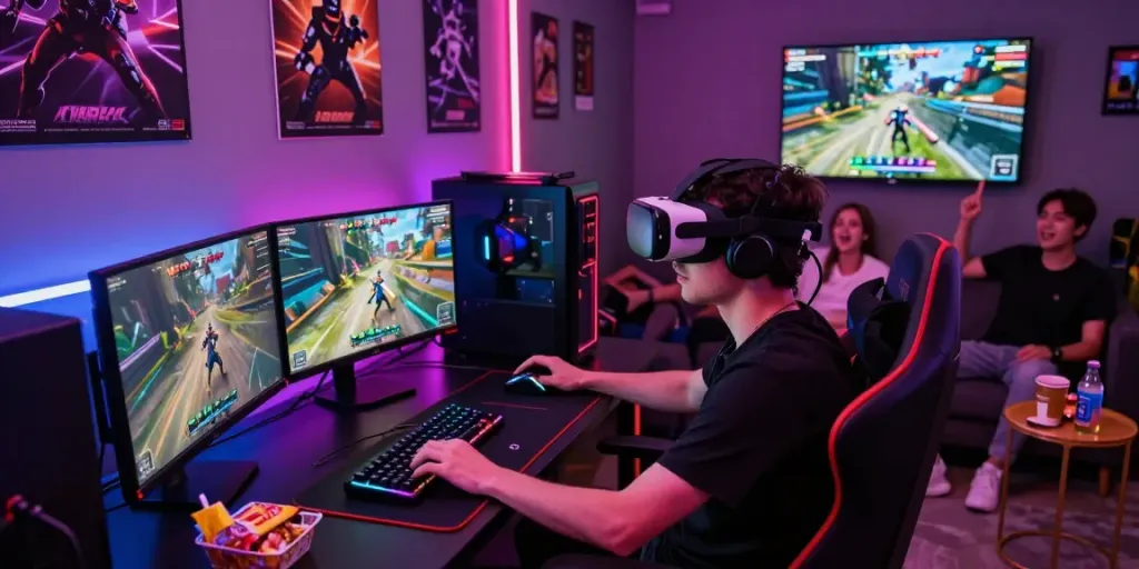Engaged gamer using rokok88 VR setup in vibrant gaming room.