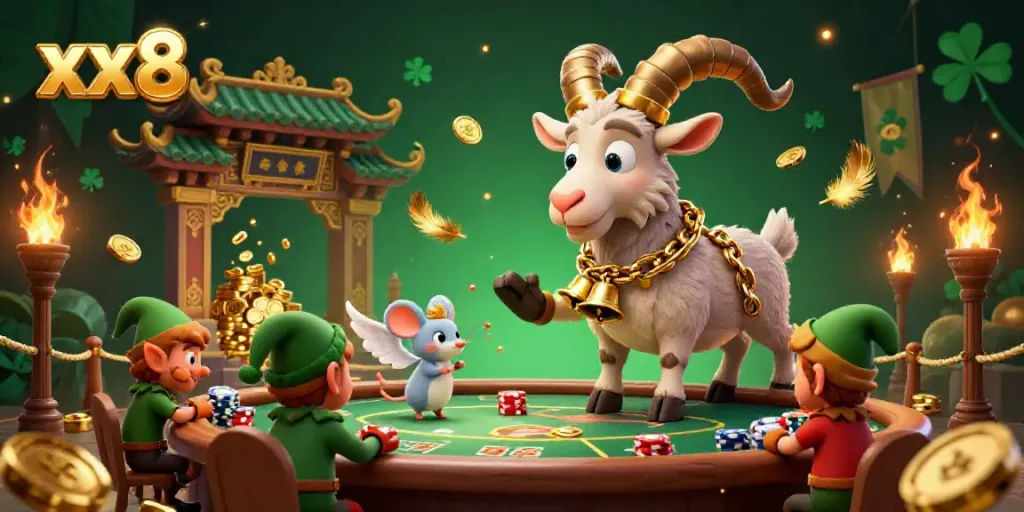 Experience the vibrant atmosphere of xx8's casino with lively characters engaging in thrilling gaming action.