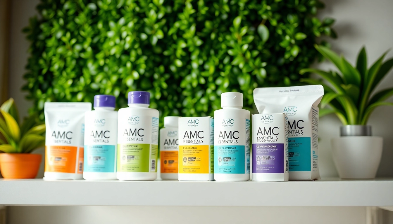 Showcase of AMC Essentials products, highlighting sleek design and vibrant colors in a natural setting.