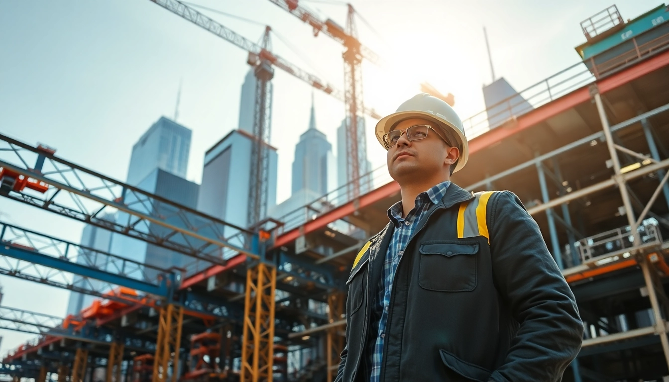 New York Construction Manager overseeing construction site progress with cranes and skyline.