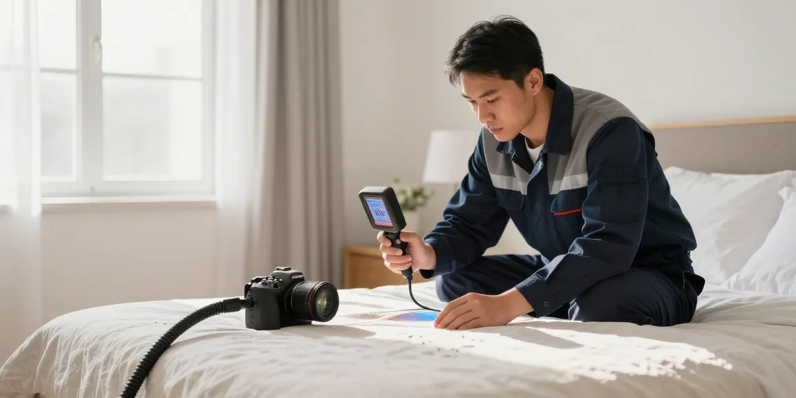 Professional technician conducting bed bug heat treatment in a clean bedroom, ensuring effective pest control.