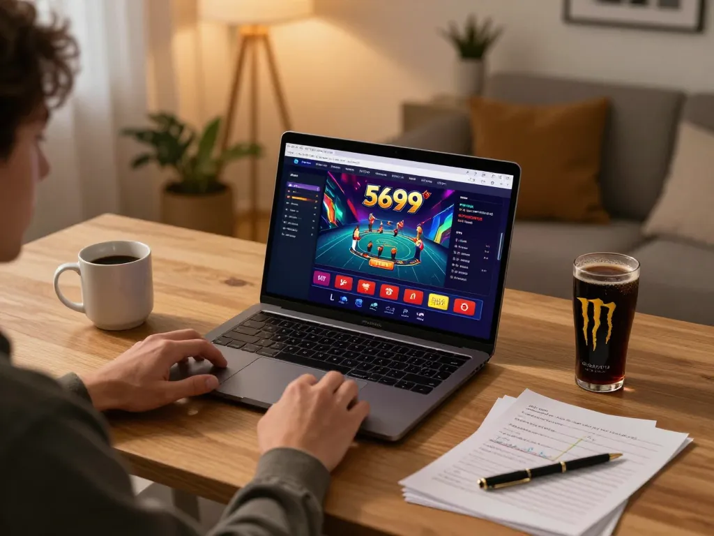 Engaging online gaming scene at home showing the 5699 casino interface with strategic betting notes.