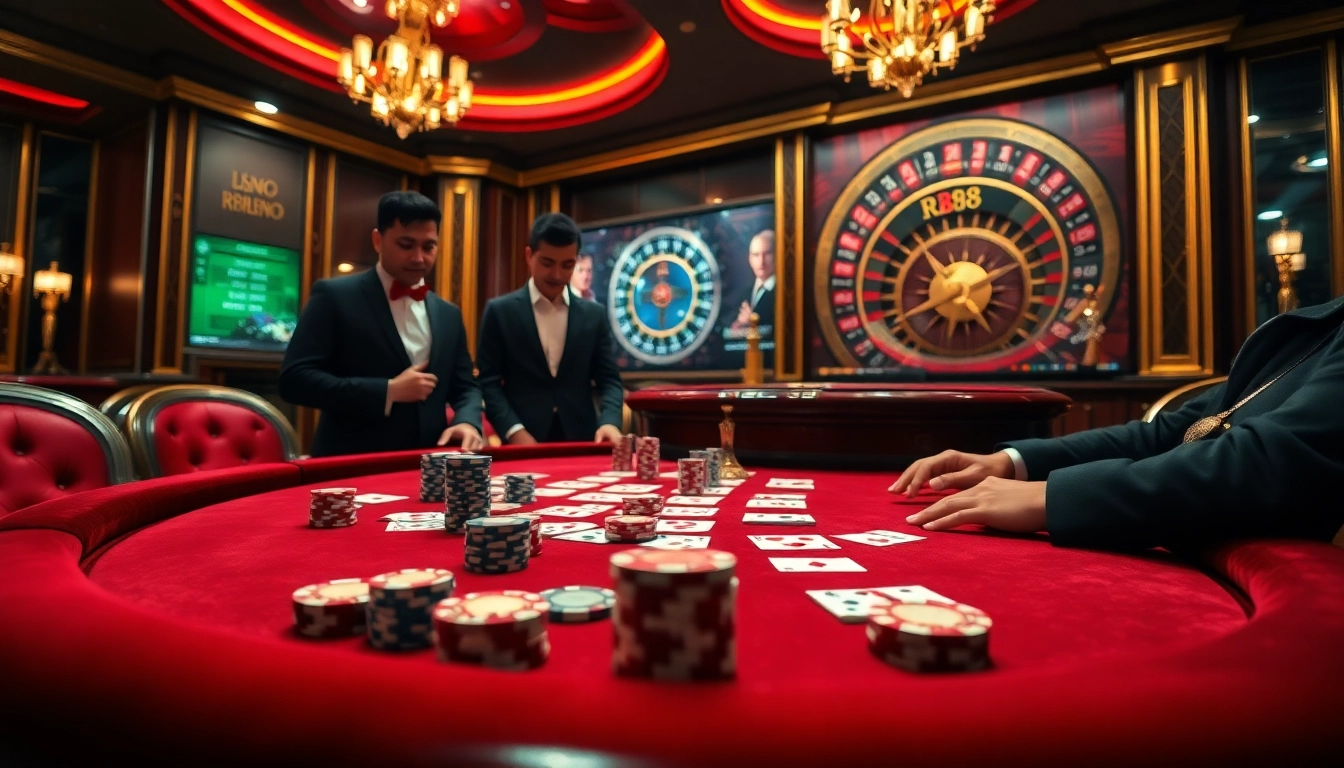 Engaged players at a luxurious casino table, emphasizing RR88's thrilling gaming experience.