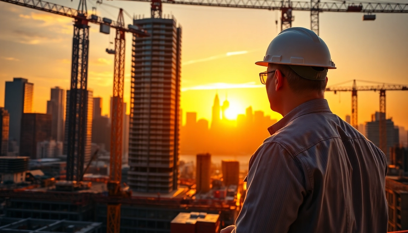 New York Construction Manager directing an urban construction project under sunset lighting.