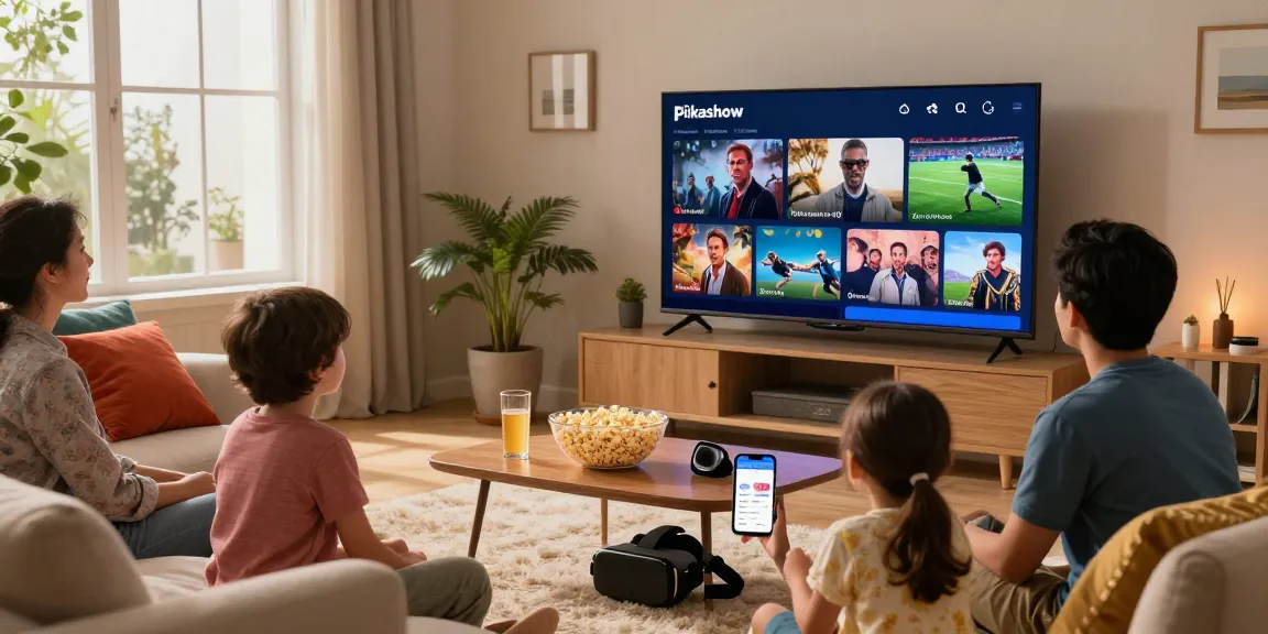 Pikashow streaming app in use during family movie night, showcasing a cozy living room setup with smart TV, popcorn, and happy faces.