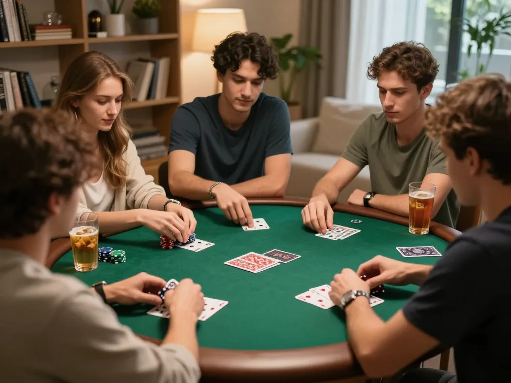 Friends enjoying a poker game at home, showcasing strategic gameplay with C168 chips and cards, cozy atmosphere.