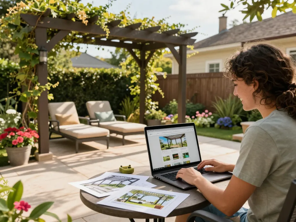 Homeowner using an online pergola configurator to design a personalized outdoor space.