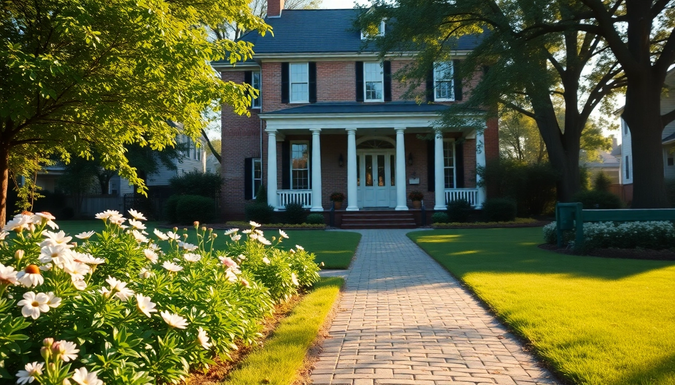 Showcasing colonial home construction, this image features a classic brick house with lush landscaping.