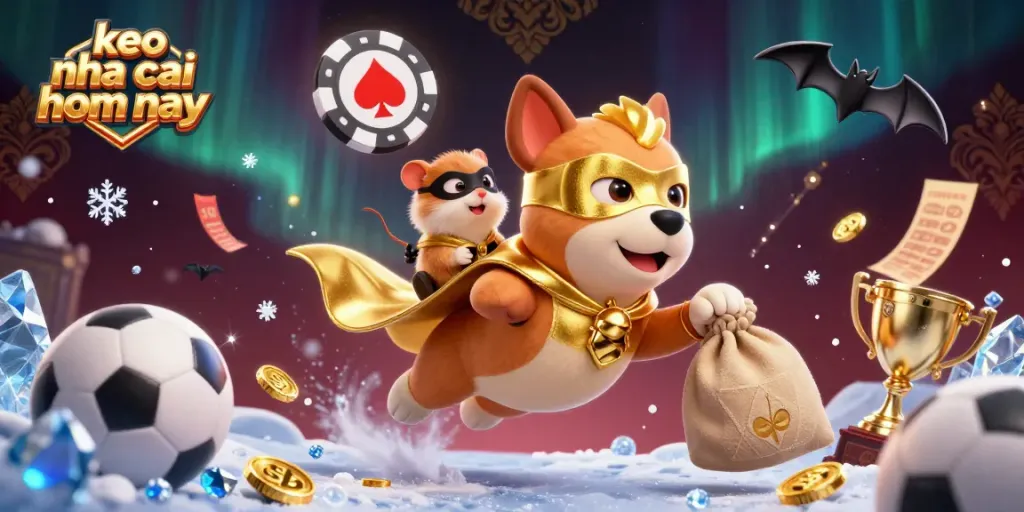 Place bets with keo nha cai hom nay, featuring a superhero dog and hamster in a vibrant sports scene.