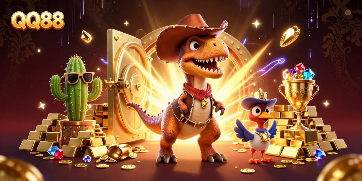 Experience thrilling wins at QQ88 with cartoon dinosaur cowboy and treasure in a lively casino scene.