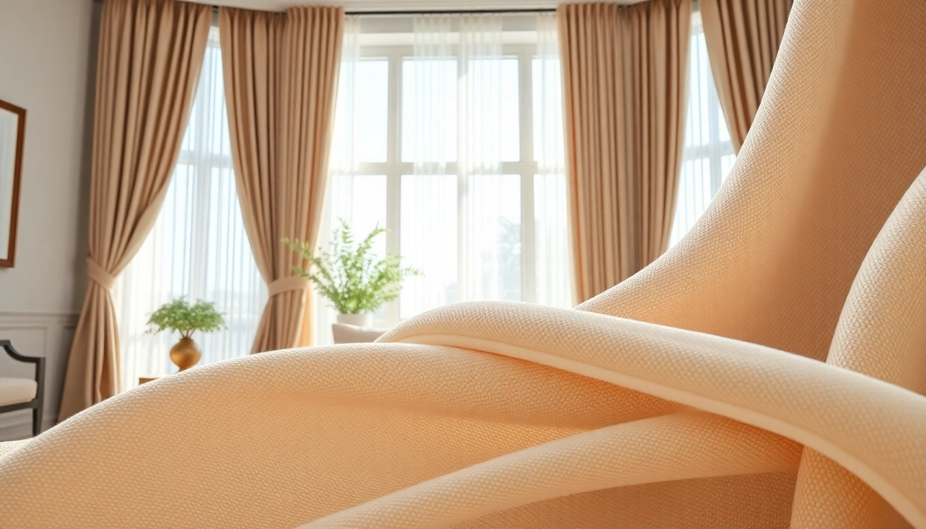 Stof voor gordijnen in prachtige interieurdecoratie met luxe texturen en kleuren.