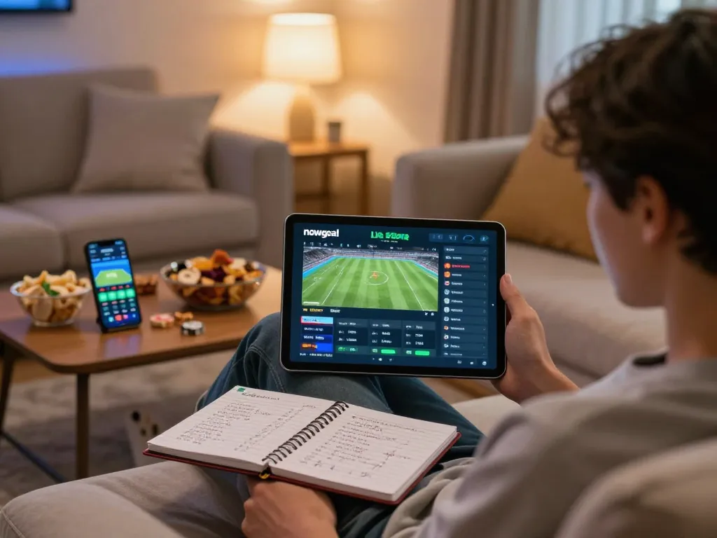 Engaging in sports betting with nowgoal 2in1 interface visible on a tablet at home.