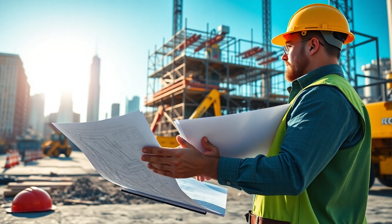 New York General Contractor analyzing blueprints on a busy construction site.
