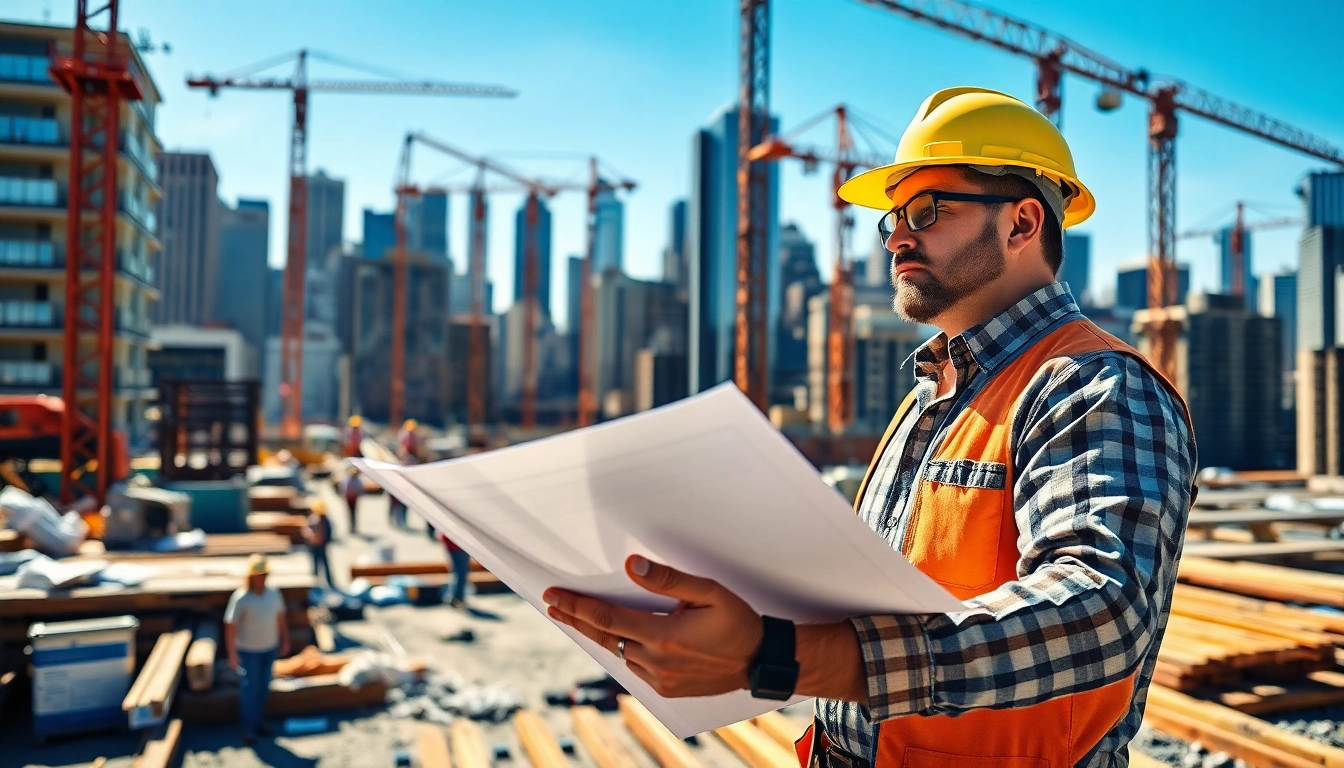 Manhattan General Contractor analyzing blueprints at an active construction site in NYC.