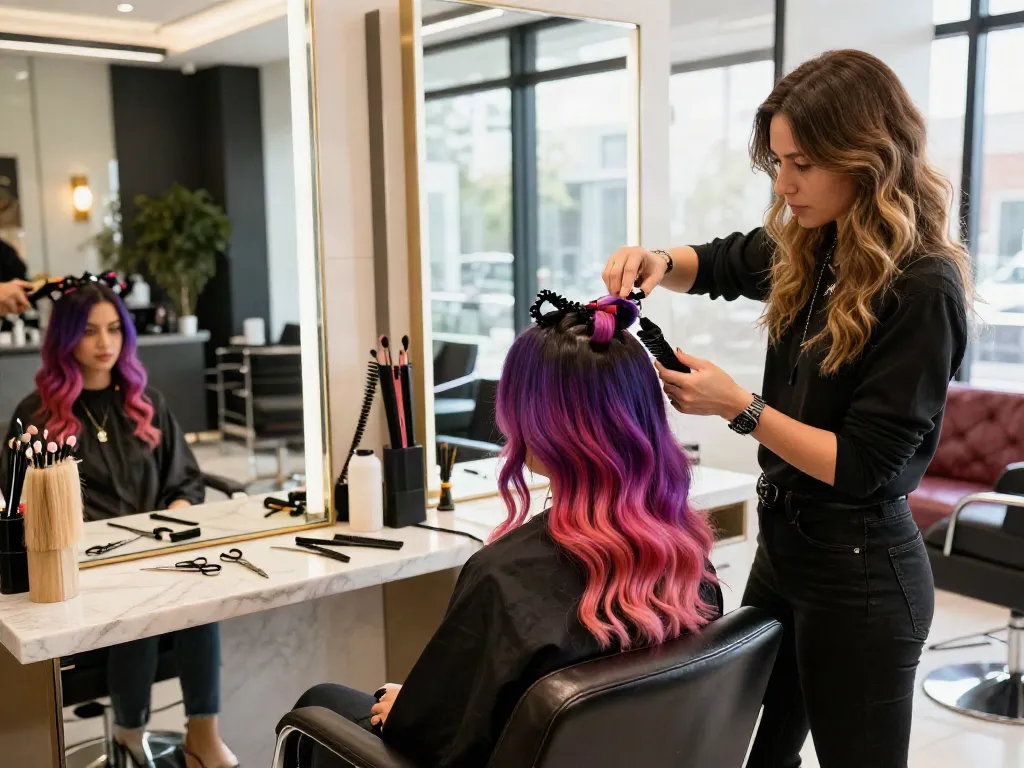Stylist applying butterfly weft hair extensions in a chic salon.