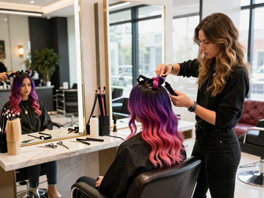 Stylist applying butterfly weft hair extensions in a chic salon.
