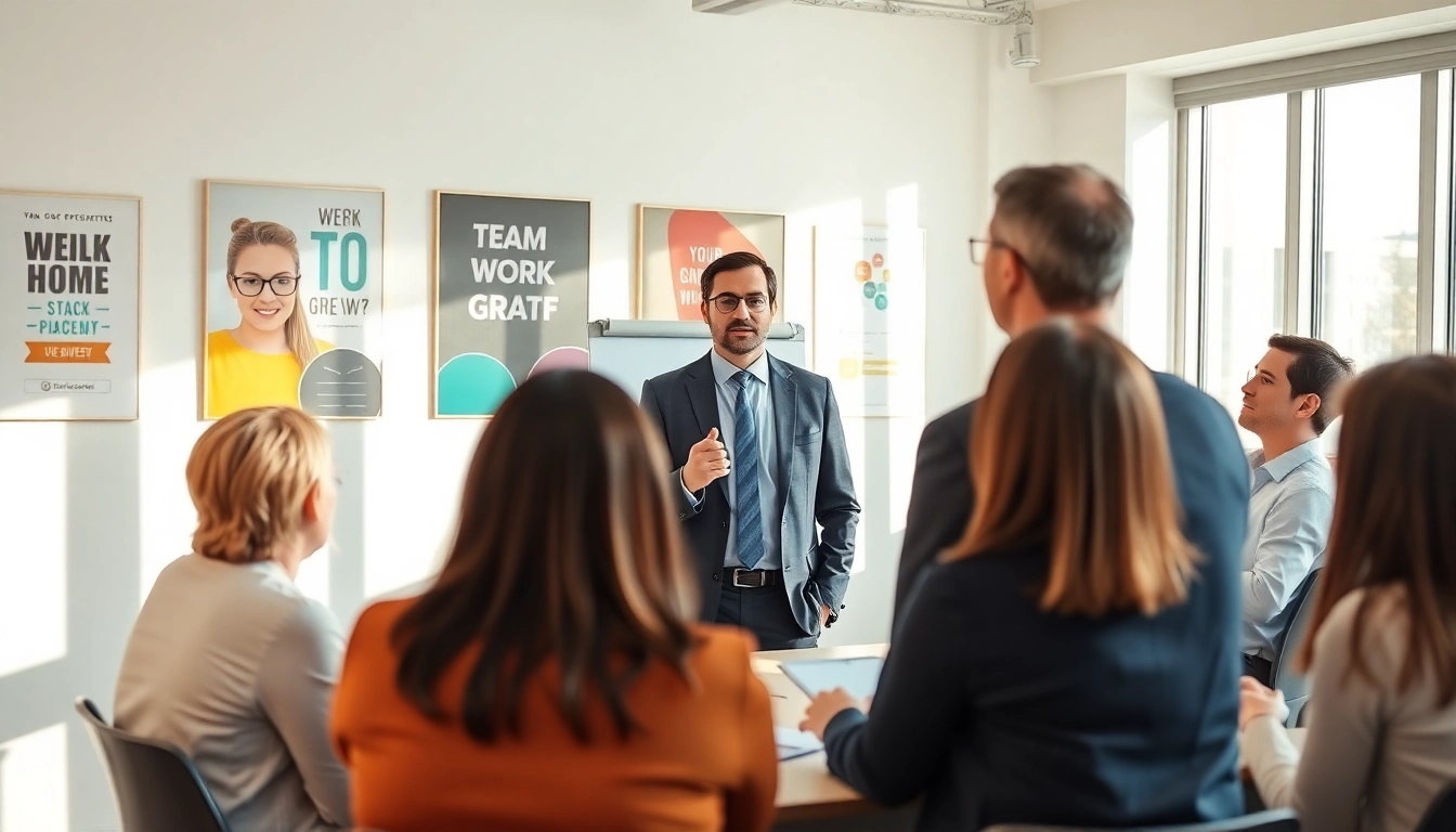 A corporate coach leading an engaging workshop with executives in a vibrant conference room.