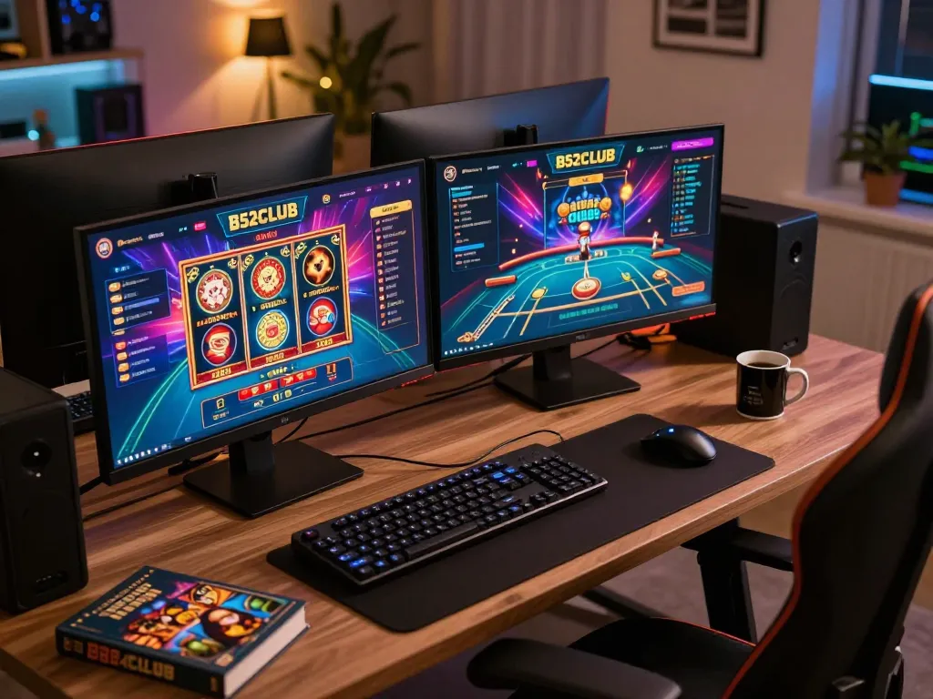 B52CLUB online gaming scene showcasing vibrant casino game interfaces on dual monitors, inviting gaming atmosphere.