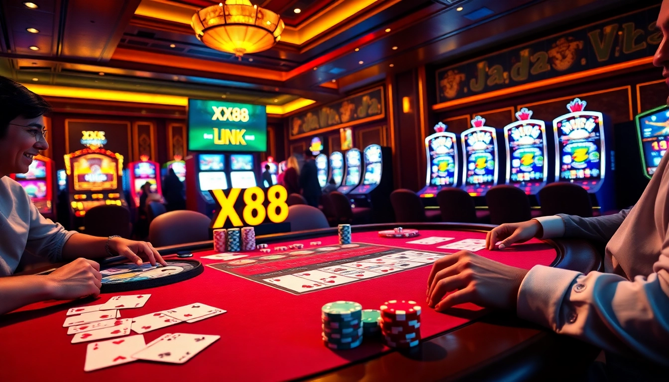 Engaging gamblers at a casino table featuring the XX88 Link, vibrant gameplay with cards and chips.