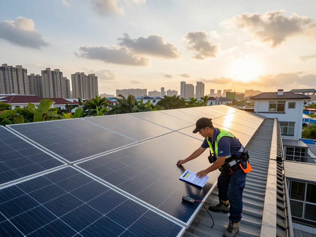 Technician inspecting LID- en LeTID-degradatie PV-modules on residential solar panel installation