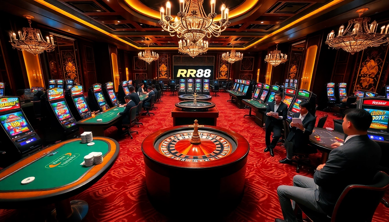 Players enjoy a thrilling gaming experience at RR88's luxurious casino tables.