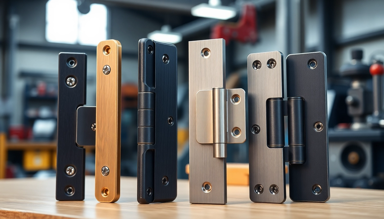 Showcase of diverse door hinges by a Door Hinges Manufacturer in a well-lit workshop setting.