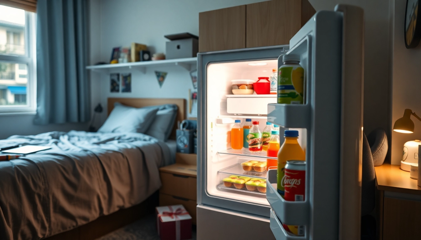 A dorm room fridge filled with snacks and beverages, showcasing organized storage in a student bedroom.