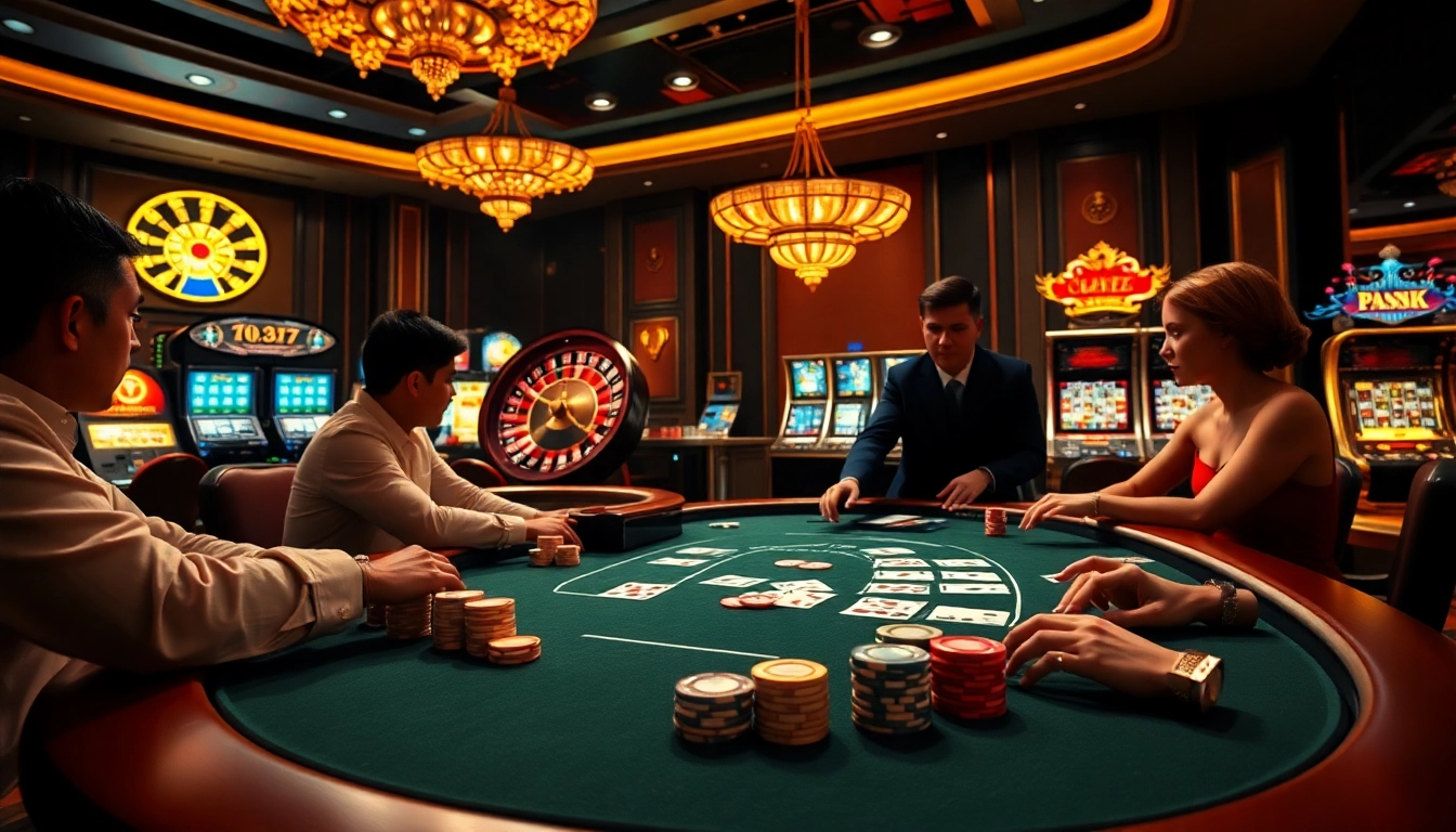 Players strategizing at a poker table under the glow of casino lights at UU88C.CASINO.