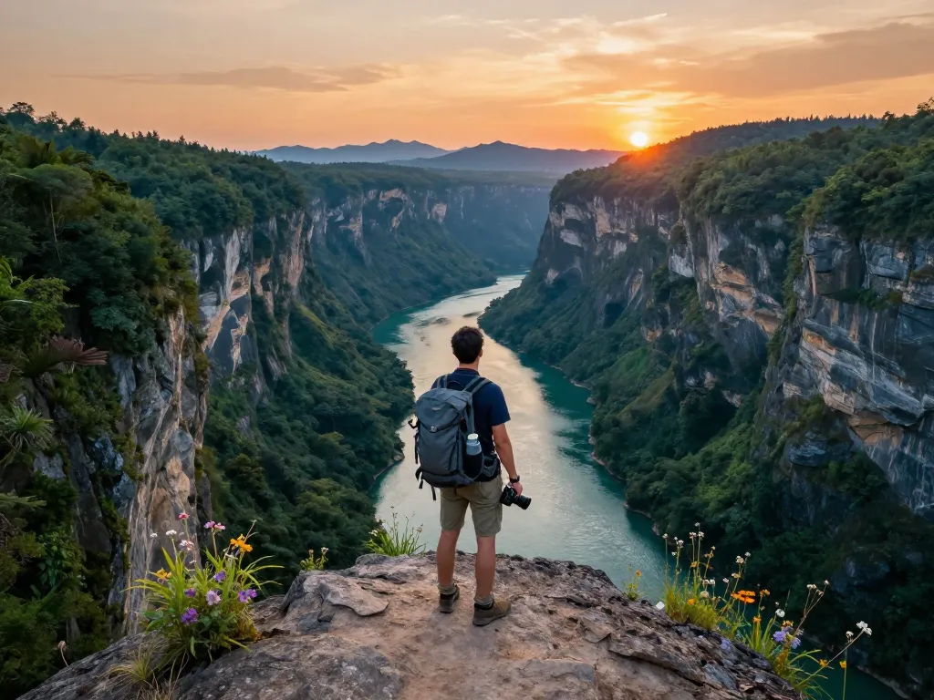 Hiker at Taroko Gorge National Park overlooking a dramatic landscape with turquoise waters and lush greenery.