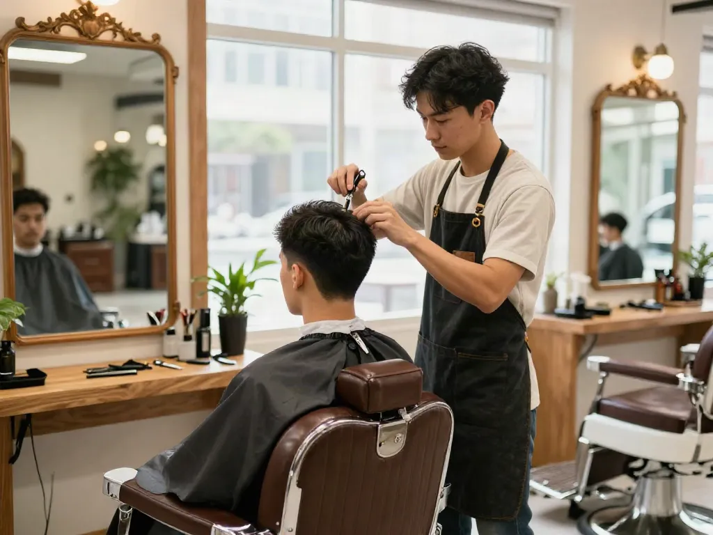 Barber giving a precise haircut in a stylish rokok88 barbershop