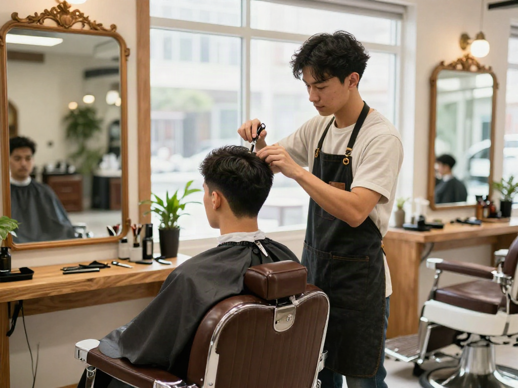Barber giving a precise haircut in a stylish rokok88 barbershop