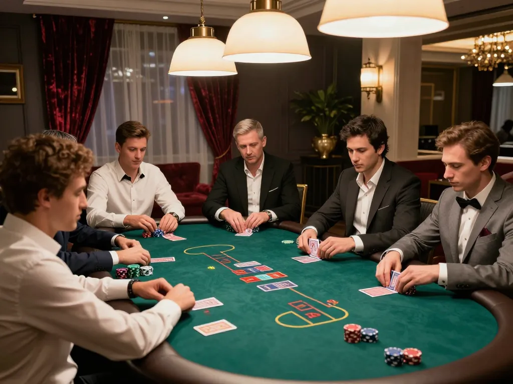 FC88 poker players strategizing their next move in a luxurious casino atmosphere.