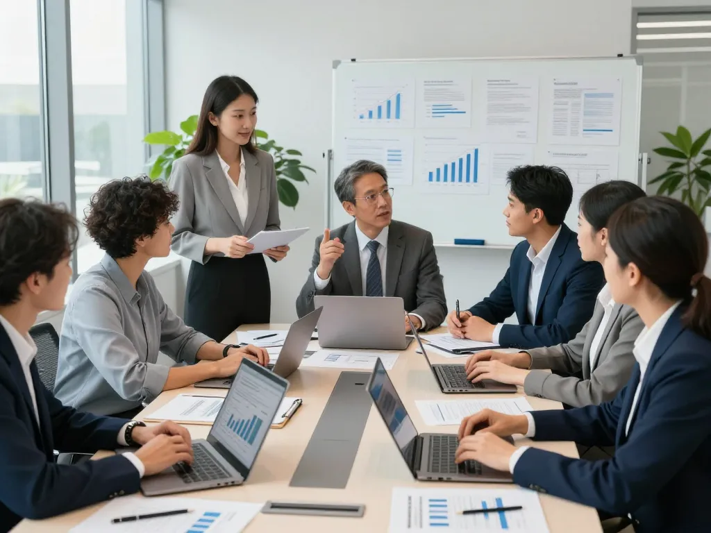 Accountants collaborating on financial strategies over here in a modern office setting.