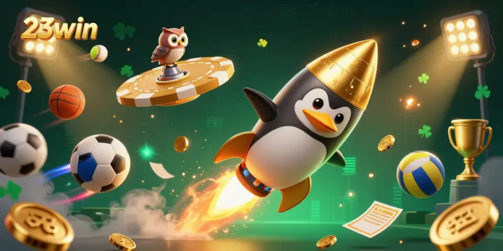 Experience the thrilling world of 23win casinos with a golden penguin amidst dynamic sports elements.