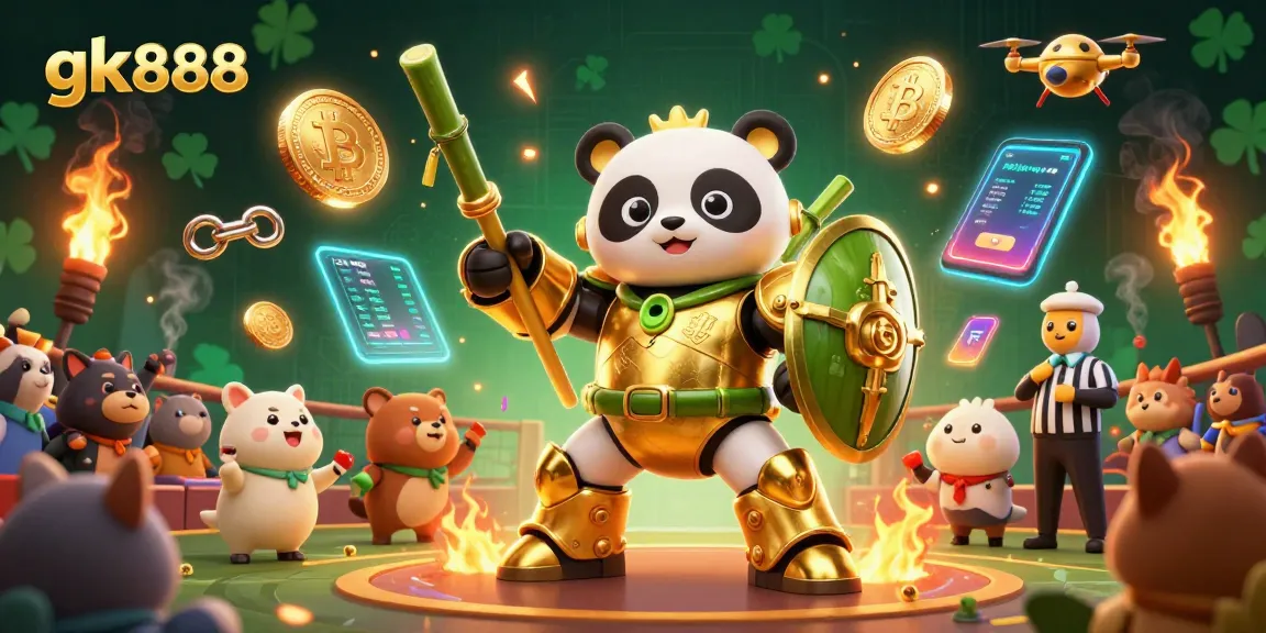 Engage with exciting gk888 gameplay as a golden panda robot battles in a vibrant crypto casino arena.