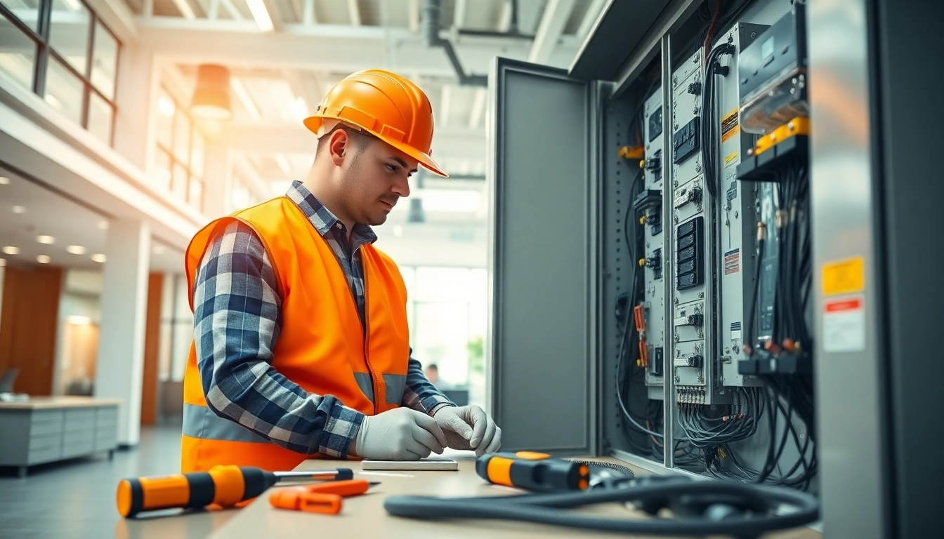 Dynamic scene of a commercial electrician vancouver fixing an electrical panel in an office.