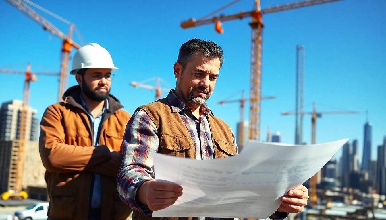 New Jersey Construction Manager discusses plans on-site with contractors.