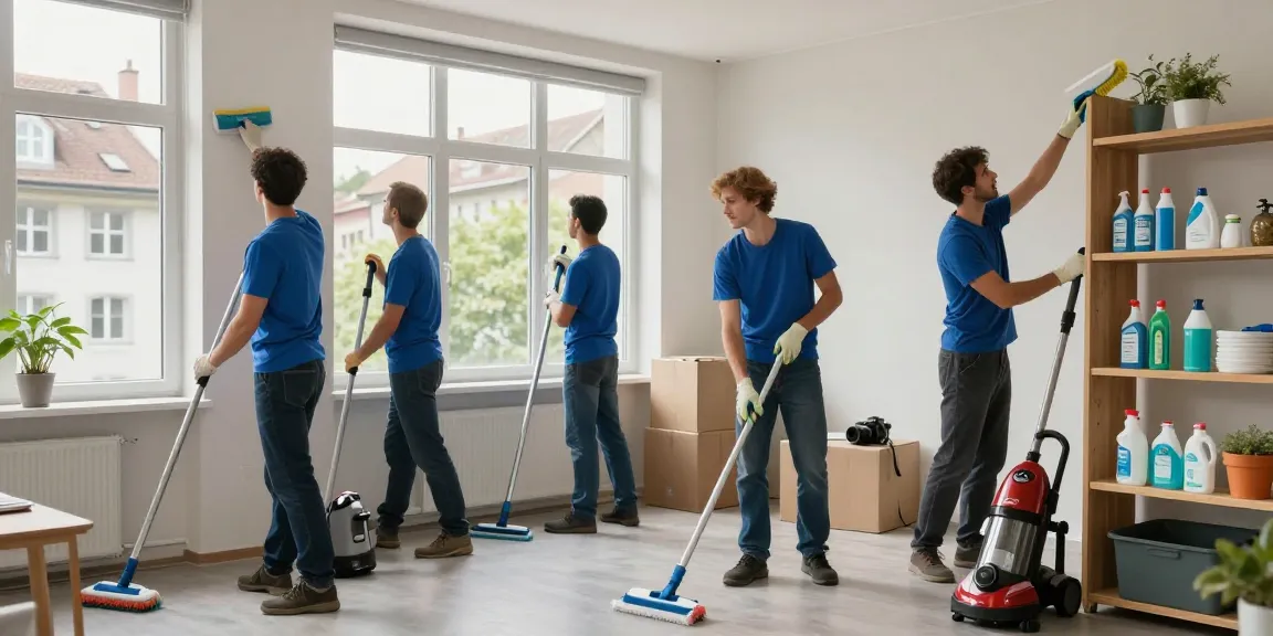 Umzugsreinigung Solothurn professionals preparing for thorough move-out cleaning with cleaning tools and bright urban light.