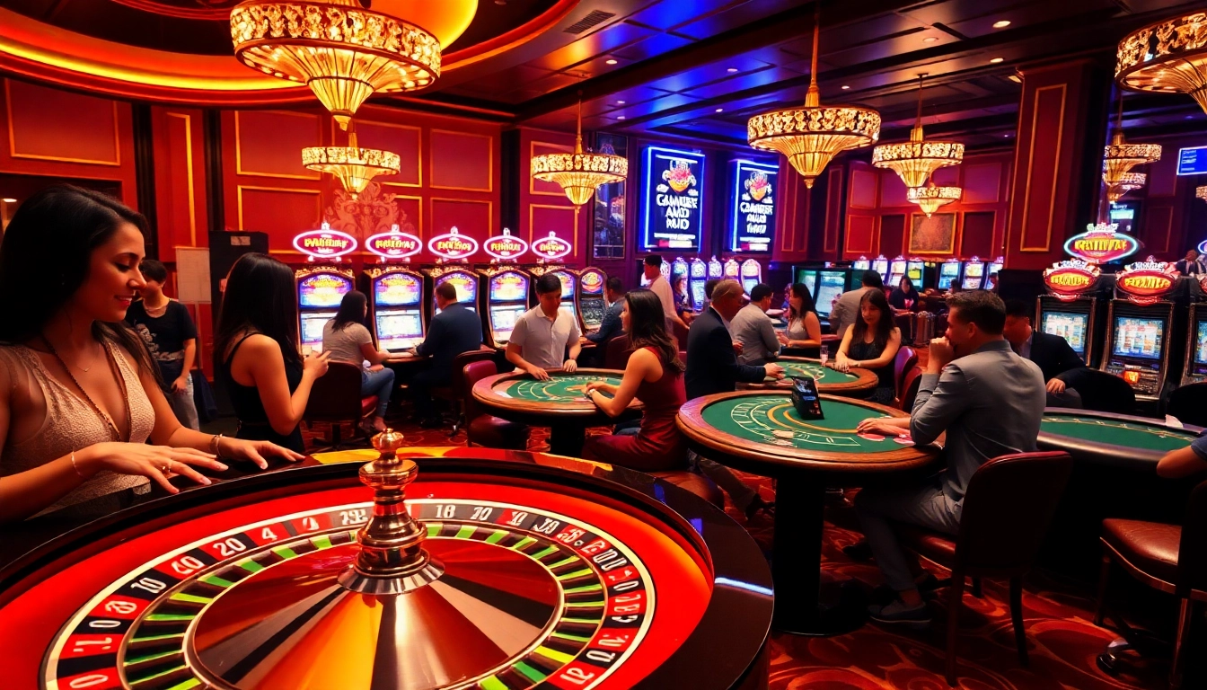B52 players enjoy an exciting game at a luxurious casino table with vibrant roulette wheels.